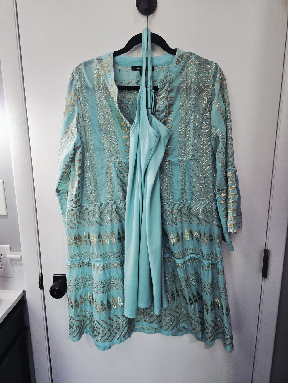Boston Proper Turquoise Long Sleeve V Neck Minidress W Gold Embroidery-Med - Picture 12 of 16